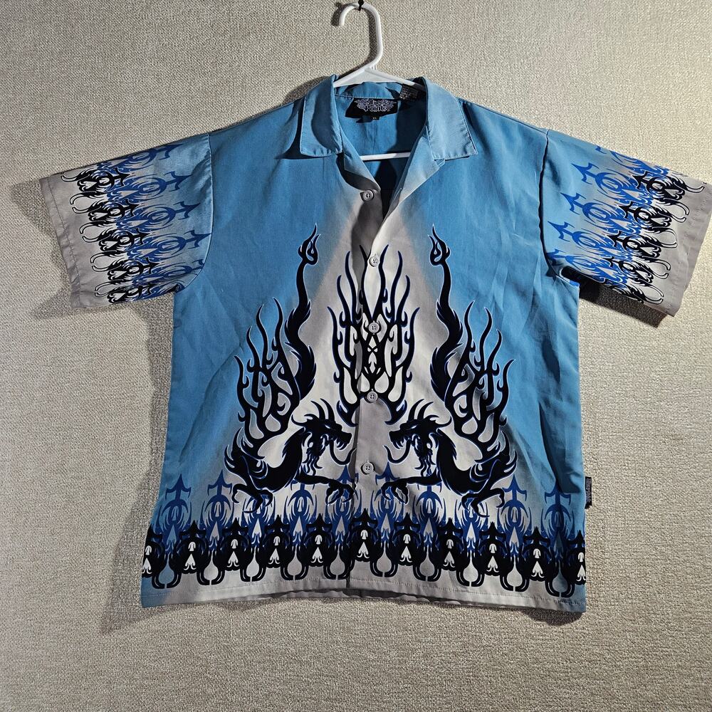 Vintage Silver Point Tribal Dragon Button Up Shirt Mens XL Y2K Blue Gray